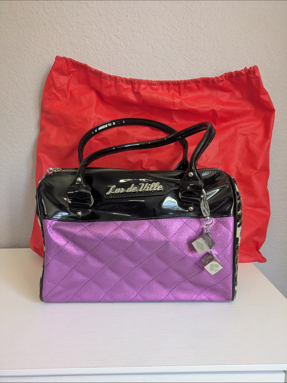 Lux de Ville Purple Quilted Satchel with Black Patent Trim
